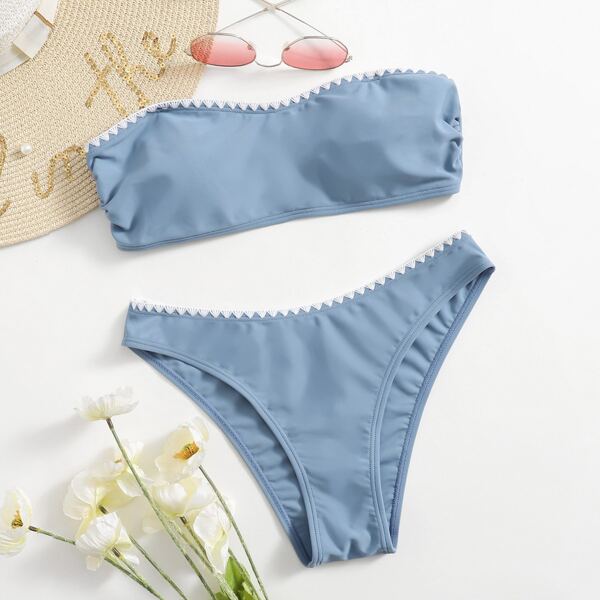 

с вышивкой Контрастная отделка Повседневный Бикини, Пыльно-синий