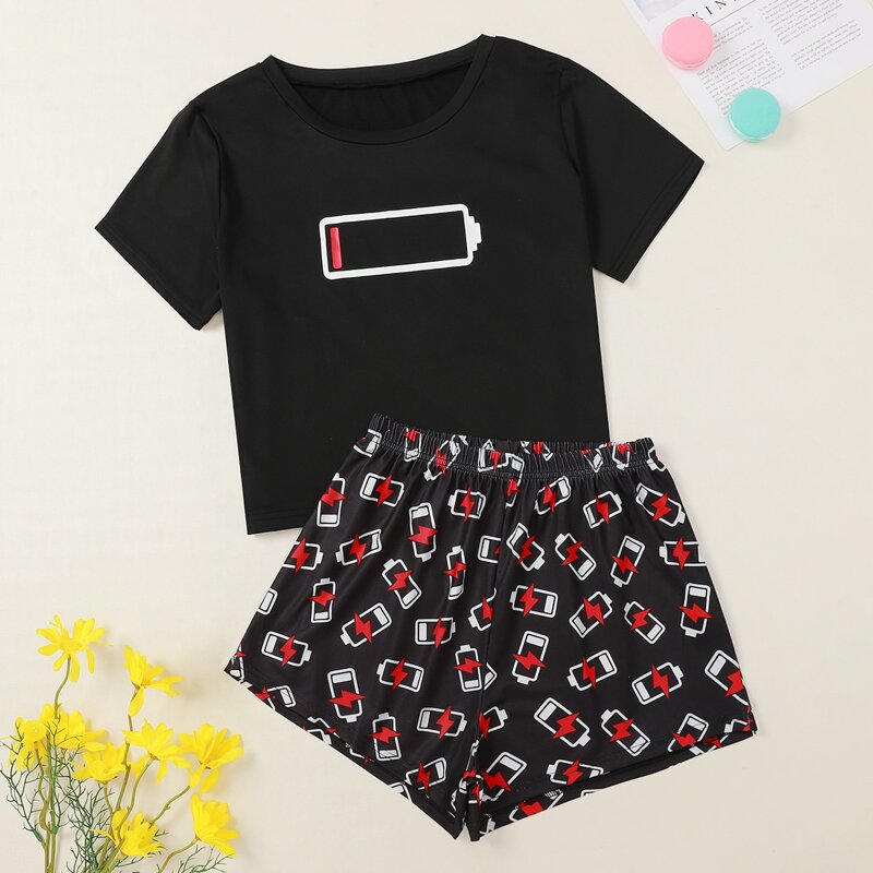 

Dead Battery Warning Pattern Shorts PJ Set, Black