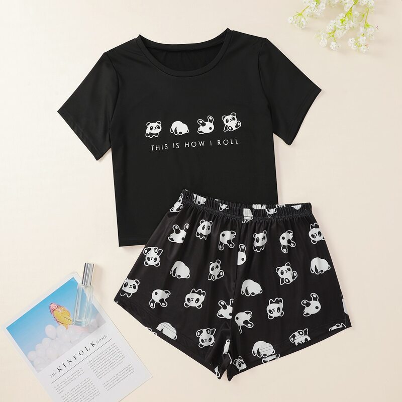 

Cartoon Panda Tee & Shorts PJ Set, Black