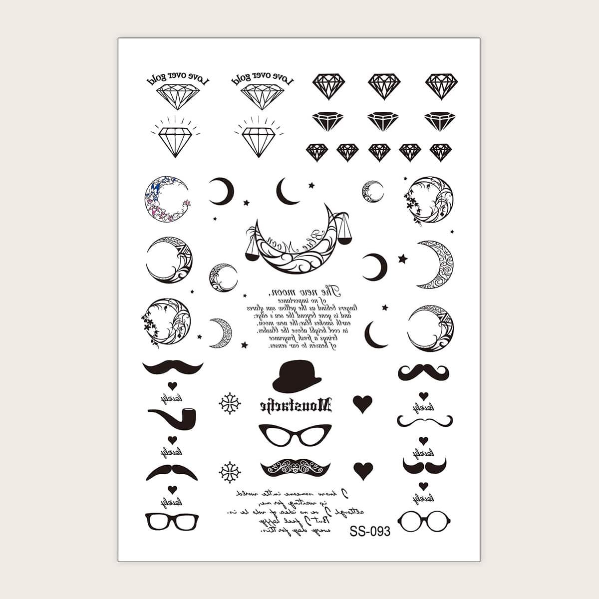 

1sheet Moon & Diamond Pattern Tattoo Sticker, Black
