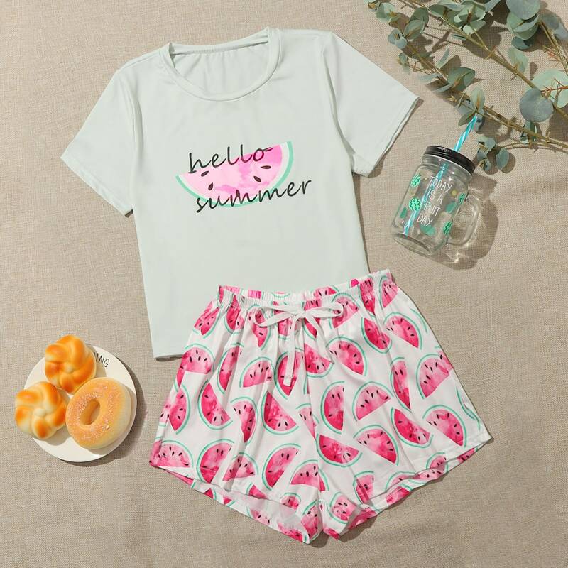 

Watermelon Print Tee & Shorts PJ Set, Multicolor