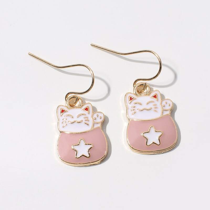 

Cartoon Cat Drop Earrings, Pink