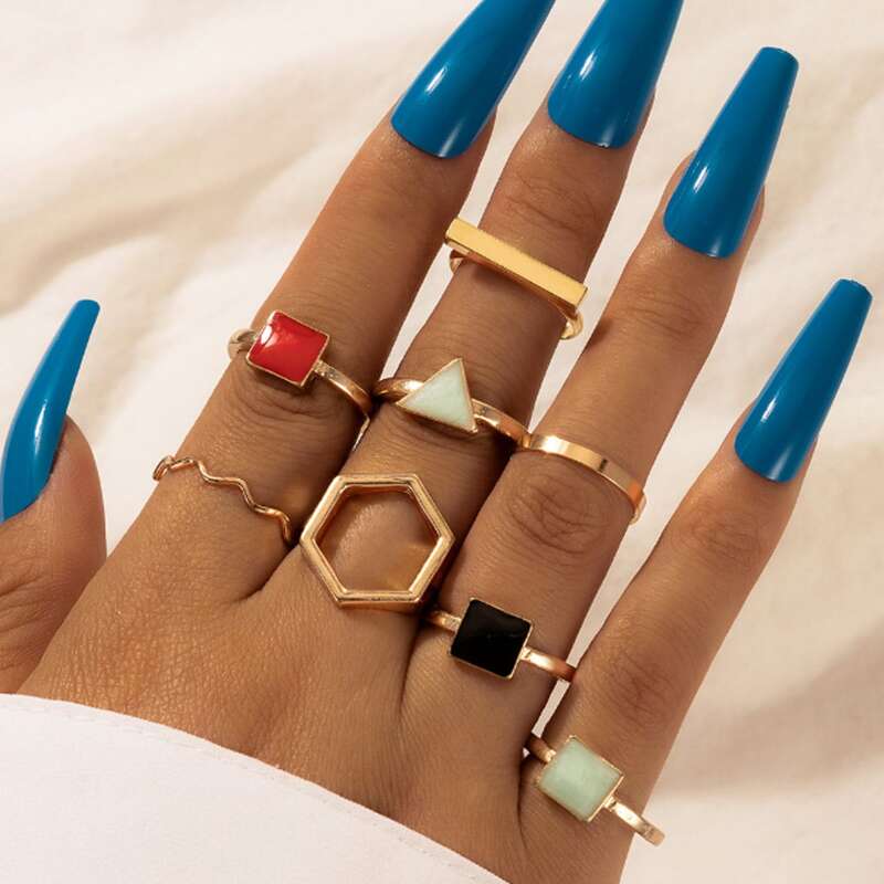 

8pcs Geometric Design Ring, Gold
