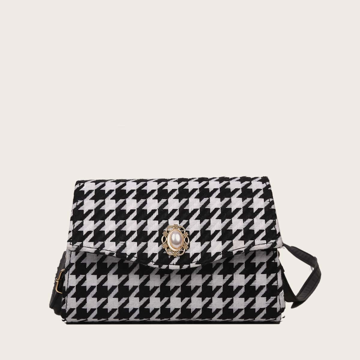 

Houndstooth Print Flap Crossbody Bag, Black and white