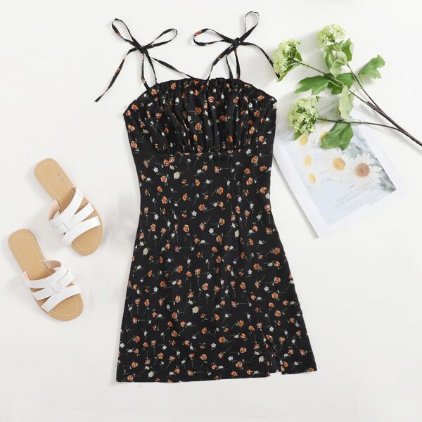 

Allover Floral Tie Shoulder Ruched Bust Split Hem Cami Dress, Black