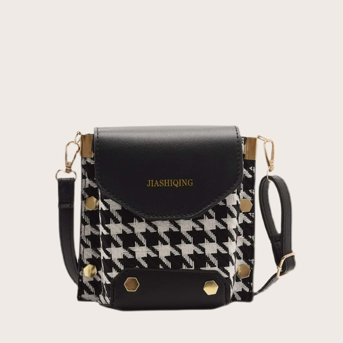 

Houndstooth Studded Decor Crossbody Bag, Black and white