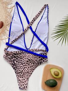 Contrast Leopard Plunging One-Piece Swimsuit, For Summer Beach Vacation - Multicolor - View 2