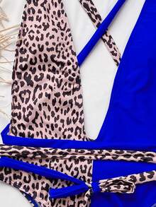 Contrast Leopard Plunging One-Piece Swimsuit, For Summer Beach Vacation - Multicolor - View 3