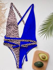 Contrast Leopard Plunging One-Piece Swimsuit, For Summer Beach Vacation - Multicolor - View 4