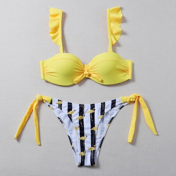 

Flamingo & Striped Pattern Knot Front Bikini Swimsuit, Yellow