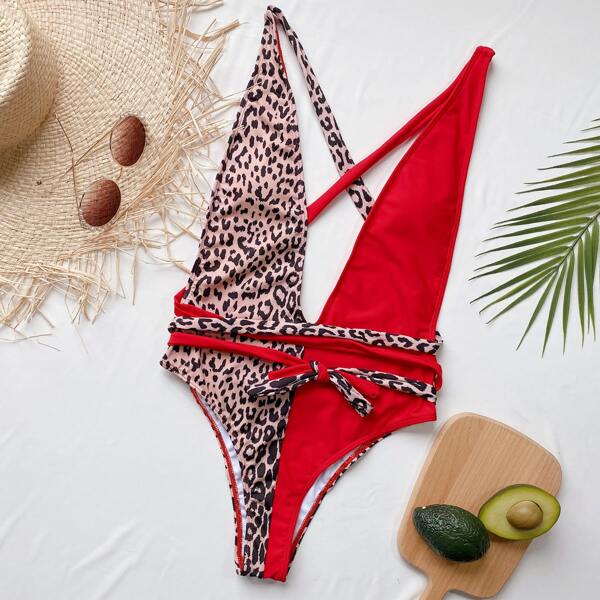

Leopard Plunging One Piece Swimsuit, Multicolor