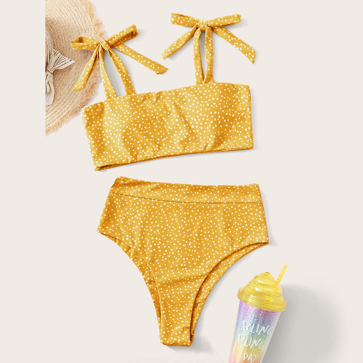 

Polka Dot Tie Shoulder Bikini Swimsuit, Yellow