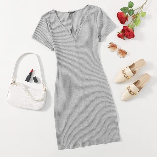

Plus Notched Neck Rib-knit Bodycon Dress, Grey