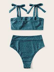 Swim Mod Summer Beach Polka Dot Tie Shoulder Bikini - Dark Green - View 2