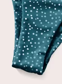 Swim Mod Summer Beach Polka Dot Tie Shoulder Bikini - Dark Green - View 3