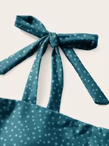 Swim Mod Summer Beach Polka Dot Tie Shoulder Bikini - Dark Green - View 4