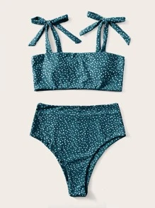 Swim Mod Summer Beach Polka Dot Tie Shoulder Bikini - Dark Green - View 5