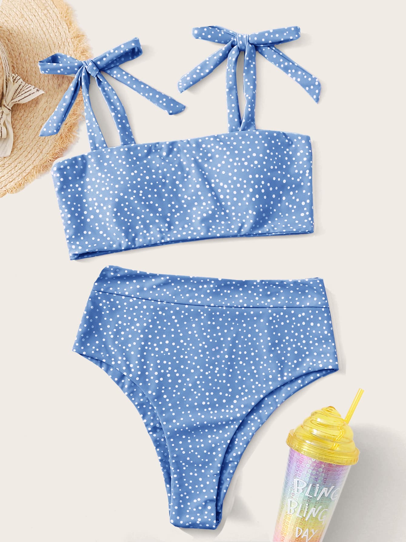 Polka Dot Tie Shoulder Bikini Set, For Summer Beach Vacation - Baby Blue - View 1