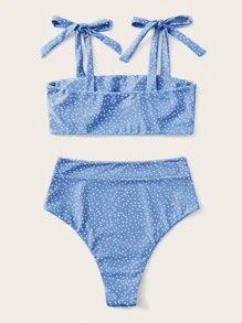 Polka Dot Tie Shoulder Bikini Set, For Summer Beach Vacation - Baby Blue - View 2