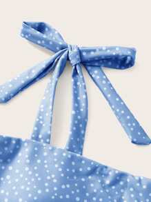 Polka Dot Tie Shoulder Bikini Set, For Summer Beach Vacation - Baby Blue - View 4