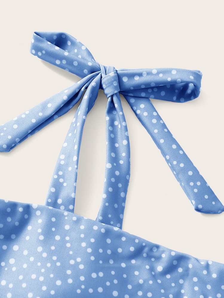 Polka Dot Tie Shoulder Bikini Set, For Summer Beach Vacation - Baby Blue - View 4