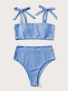 Polka Dot Tie Shoulder Bikini Set, For Summer Beach Vacation - Baby Blue - View 5