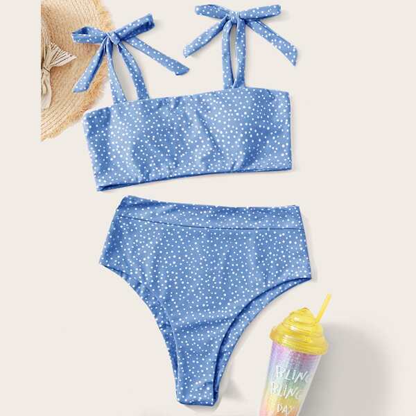 

Polka Dot Tie Shoulder Bikini Swimsuit, Baby blue