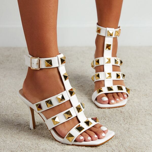 

Spiked Decor Stiletto Heeled Gladiator Sandals, White