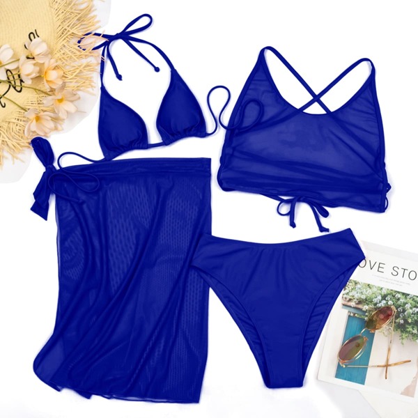 

4pack Mesh Triangle Skirt Bikini Swimsuit, Royal blue