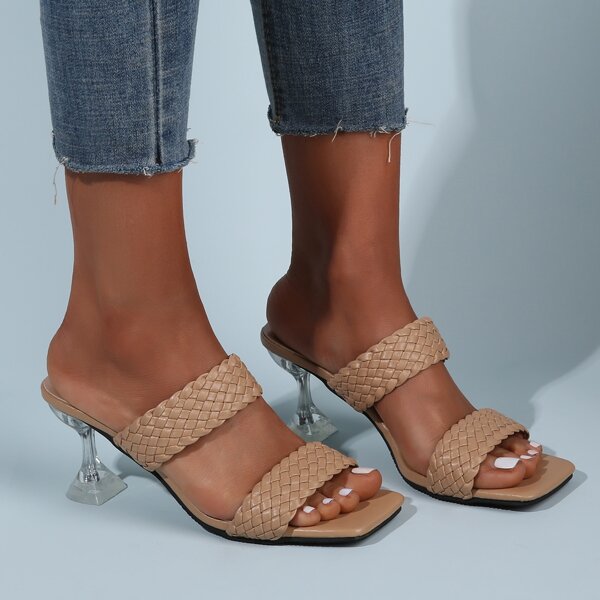 

Woven Band Pyramid Heeled Mule Sandals, Apricot