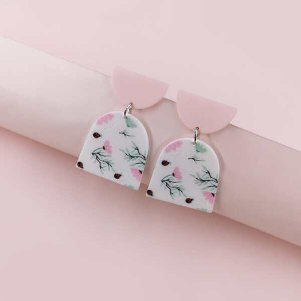 

Flower Print Geometric Drop Earrings, Multicolor