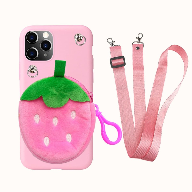 

Strawberry Wallet Phone Case With Lanyard, Baby pink