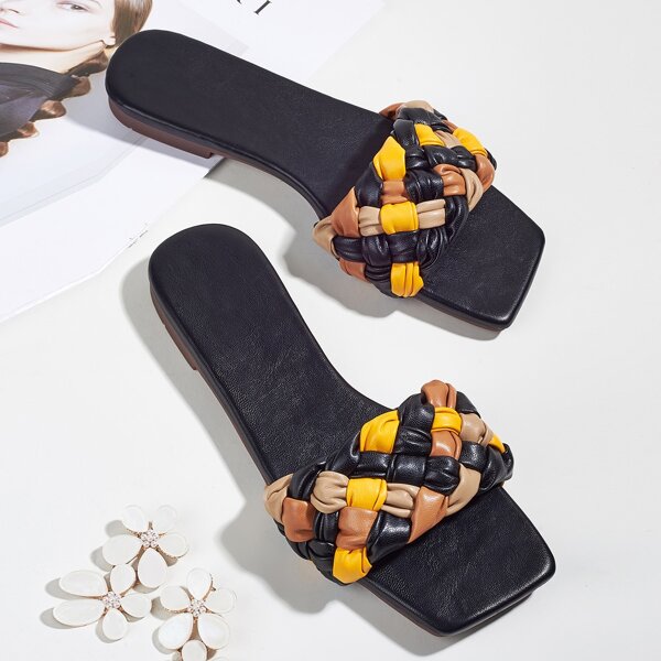 

Color Block Woven Slide Sandals, Black
