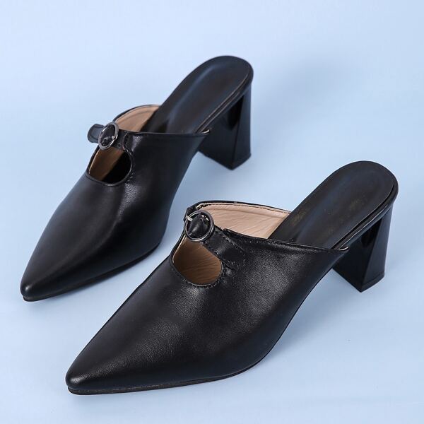 

Buckle Design Chunky Heeled Mules, Black
