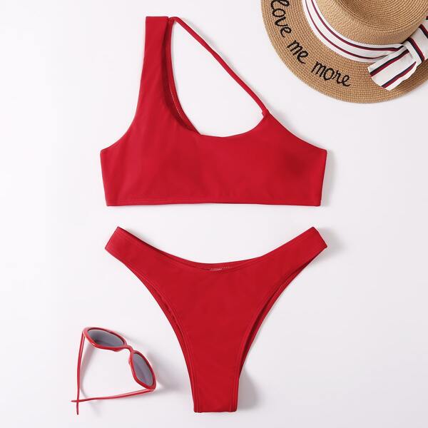 

Cut Out One Shoulder Bikini Swimsuit, Red
