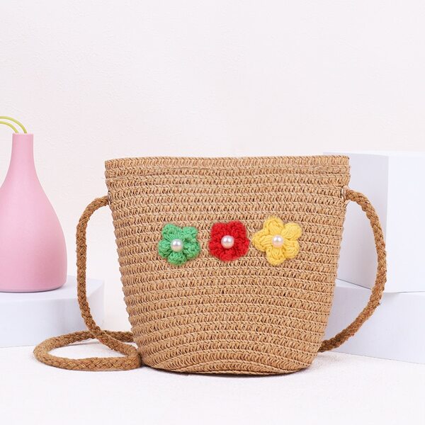 

Girls Flower Decor Straw Bucket Bag, Khaki