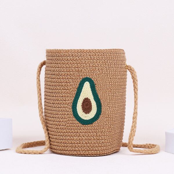 

Girls Avocado Embroidered Straw Bucket Bag, Khaki