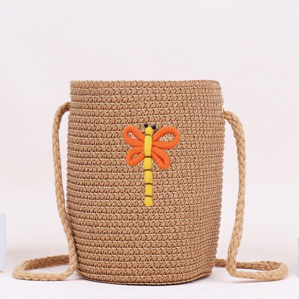 

Girls Dragonfly Pattern Straw Bucket Bag, Khaki