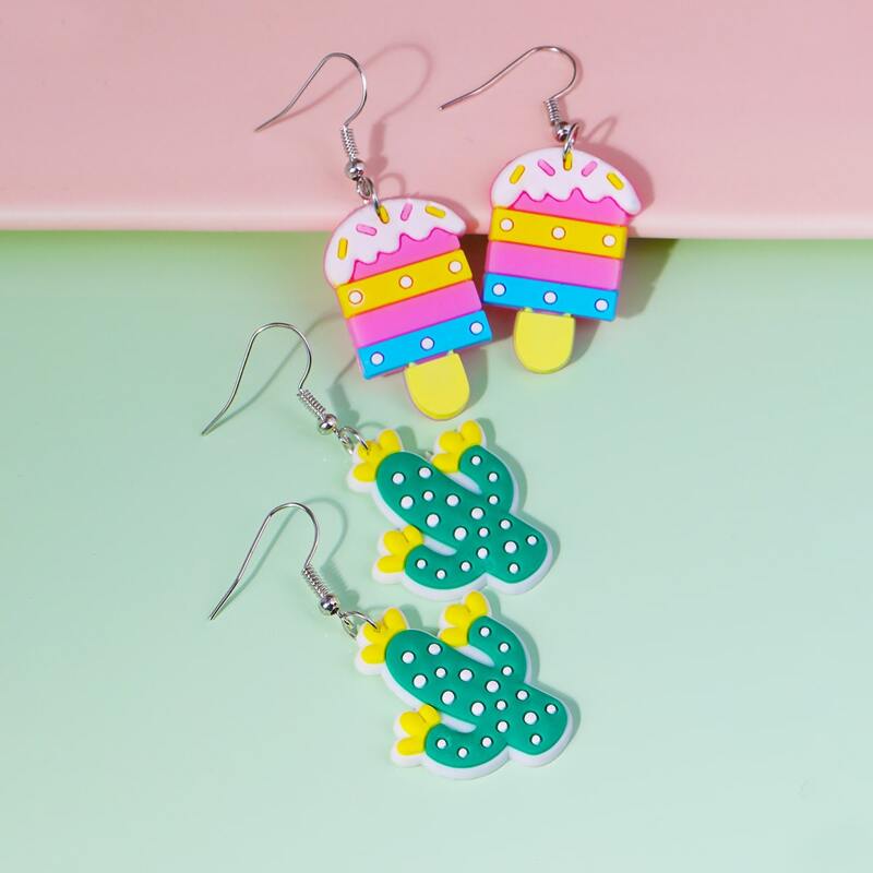 

2pairs Popsicle & Cactus Drop Earrings, Multicolor