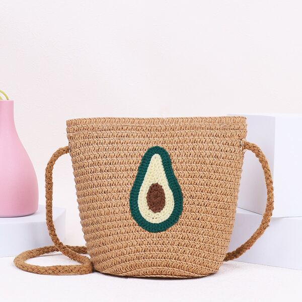 

Girls Avocado Embroidered Straw Bucket Bag, Khaki
