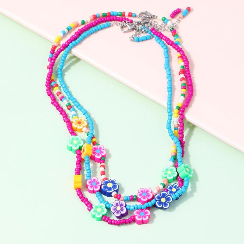 

3pcs Floral Beaded Necklace, Multicolor