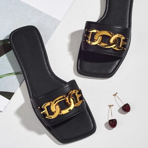 

Metal Chain Decor Slide Sandals, Black