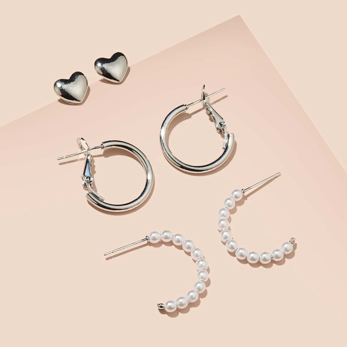 

3pairs Faux Pearl Heart Decor Earrings, Silver