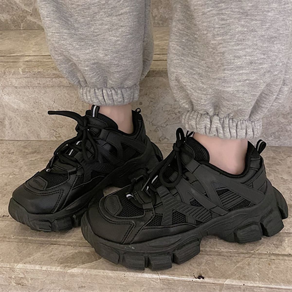 

Solid Lace-up Mesh Chunky Sneakers, Black
