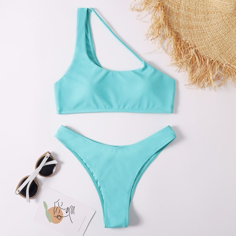 

Cut Out One Shoulder Bikini Swimsuit, Mint blue