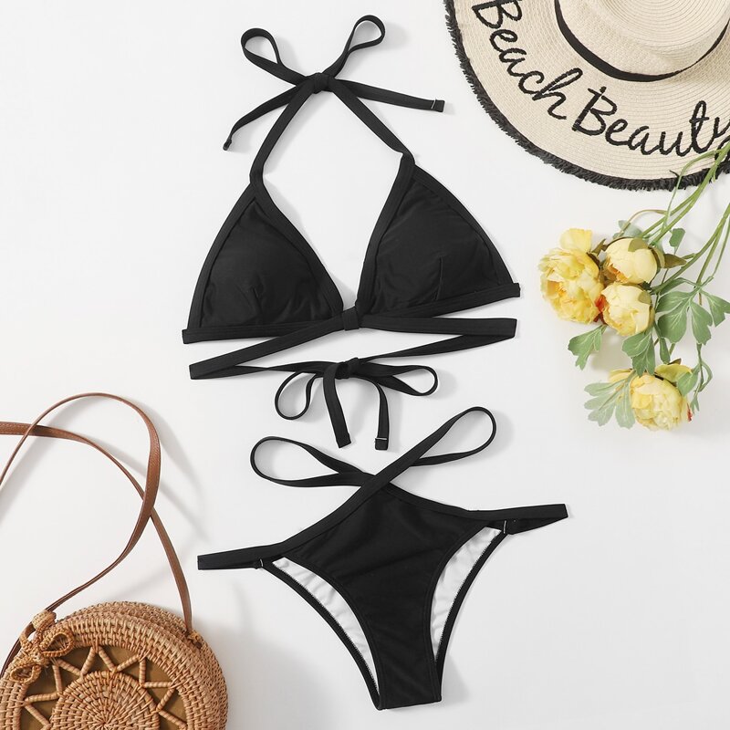 

Solid Triangle Cut-out Bikini Swimsuit, Black