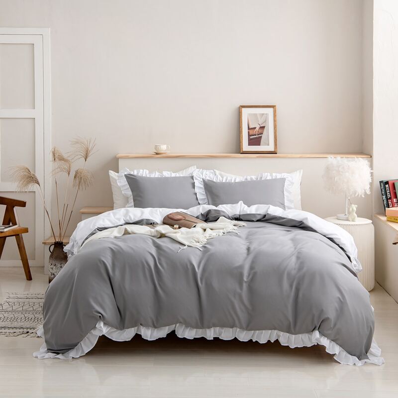 

Ruffle Trim Duvet Cover Set Without Filler, Grey