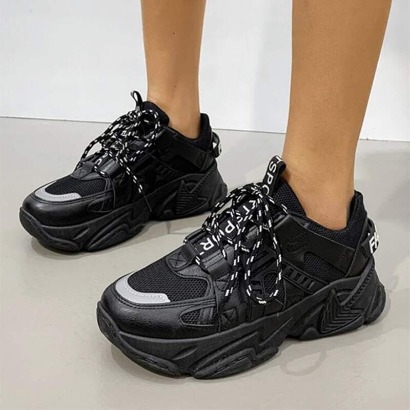 

Lace-up Mesh Chunky Sneakers, Black