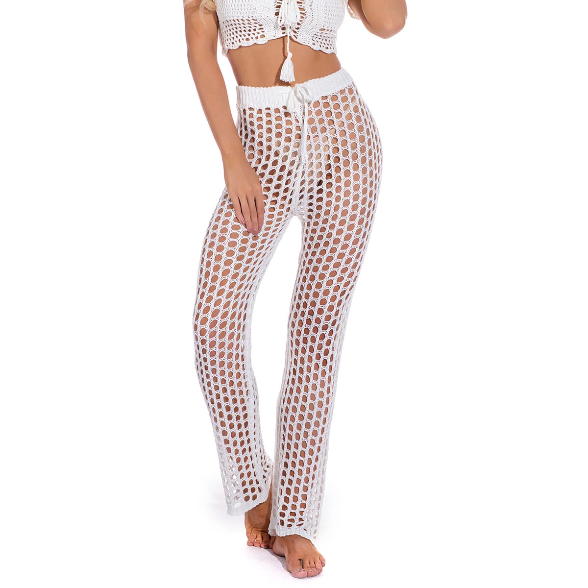 Hollow Out Tie Front Cover Up Pants, White