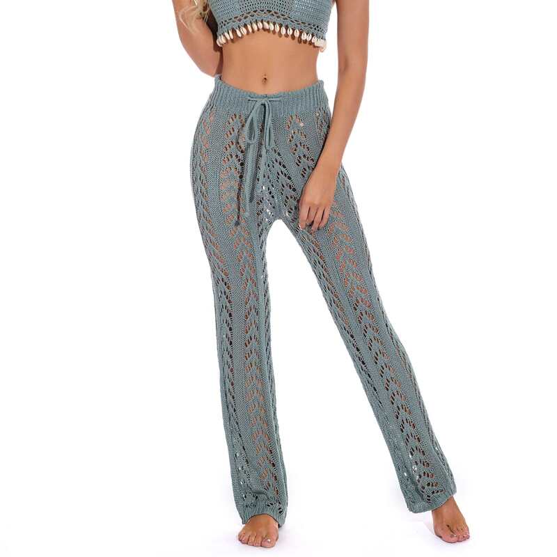 

Crochet Hollow Out Cover Up Pants, Dusty blue